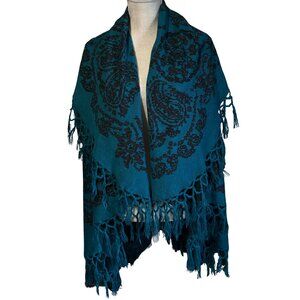 Eletan Teal & Black Paisley Fringe Shawl Wrap Boho Scarf